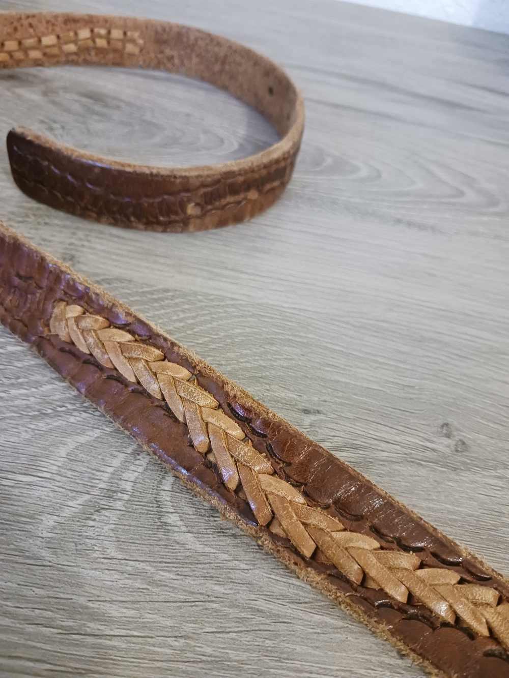 Handcrafted Brown Braided Leather Women’s Belt Wood Buckle 35" long - Picture 3 of 6